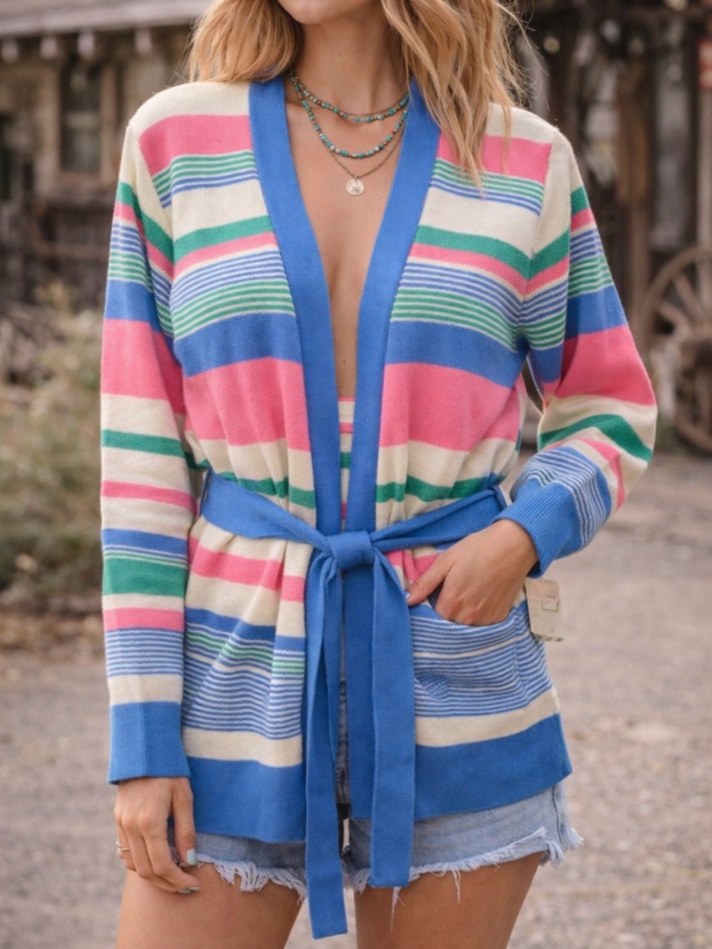 Vintage 70s- Spring Colors Striped Belted Cardigan - with original tags